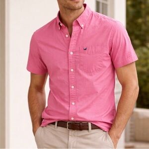 Hollister Stretch Men's Small Pink Short-Sleeve Button-Up Shirt Front Pocket
